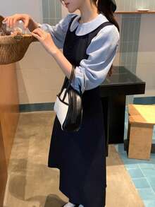 DAZY Women's Peter Pan Collar Contrast Color Patchwork 2 In 1 Korean Style Casual Mid-Length Dress Fall Vacation - Blue - View 5