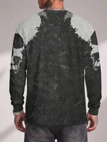 Gym Rark Alt Punk Streetwear Halftone Dot Mesh Skull Print Men Long Sleeve Tee, Washed Distressed Charcoal Black Gradient Skull Graphic, Oversized Crew Neck Ca - Multicolor - View 2