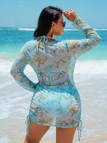 SHEIN Swim Curve 大尺碼藍黃印花比基尼罩衫 3 件套 海灘度假 夏季 性感 熱帶 優雅 希臘女神風 派對 - 彩色 - 查看 4