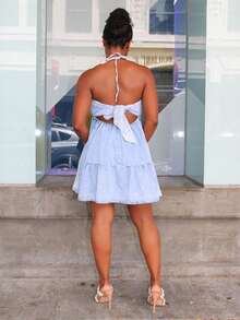 Steph T Casual Backless Halter Neck Denim Dress For Women - Blue - View 2