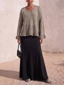 Zivah Autumn Casual Minimalist Solid Color Ruffle Hem Sweater Brunch Light Grey - Grey - View 7