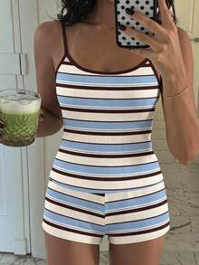 Paleta de colores Maillard Azul Blanco Marrón Bloques de color a rayas Camiseta sin mangas y pantalones cortos para adolescente chica Casual Minimalista Ajuste ceñido Ropa de estar en casa Adecuado para primavera verano, Bm, Vintage americano dulce, Relajado cómodo, Capas de otoño para niños, Reunión, Fiesta, - Multicolor - Ver 1