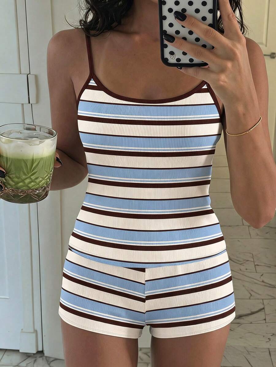 Paleta de colores Maillard Azul Blanco Marrón Bloques de color a rayas Camiseta sin mangas y pantalones cortos para adolescente chica Casual Minimalista Ajuste ceñido Ropa de estar en casa Adecuado para primavera verano, Bm, Vintage americano dulce, Relajado cómodo, Capas de otoño para niños, Reunión, Fiesta, - Multicolor - Ver 1