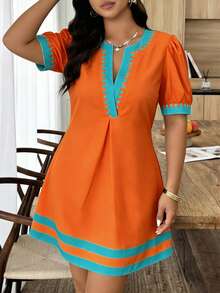 Weeklong Plus Size Women Spring/Summer Printed Colorblock Waist-Cinching Casual Vacation Dress - Orange - View 3