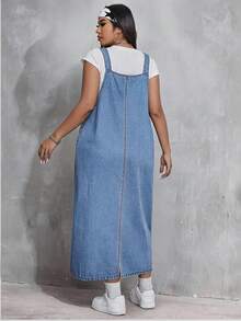 SHEIN EZwear Plus Size Women's Side Button Design Pocket Overall Denim Dress - Light Wash - View 2