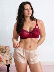 Elorette 1pc Plus Size Mesh Embroidered Underwire Bra - Burgundy - View 6