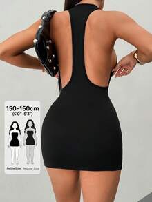 SHEIN PETITE 純色 I 字肩帶露背性感休閒迷你洋裝 - 黑色 - 查看 1