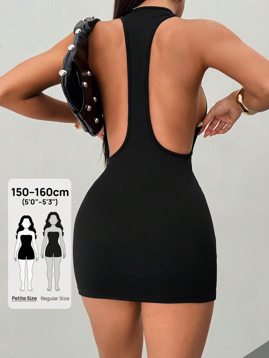 SHEIN PETITE 純色 I 字肩帶露背性感休閒迷你洋裝 - 黑色 - 查看 1