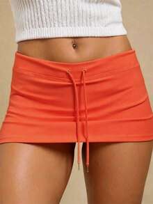 INAWLY Solva Women's Drawstring Low Waist Basic Y2k Shorts Skirt Night Party Burnt Orange Summer - Coral Orange - View 5