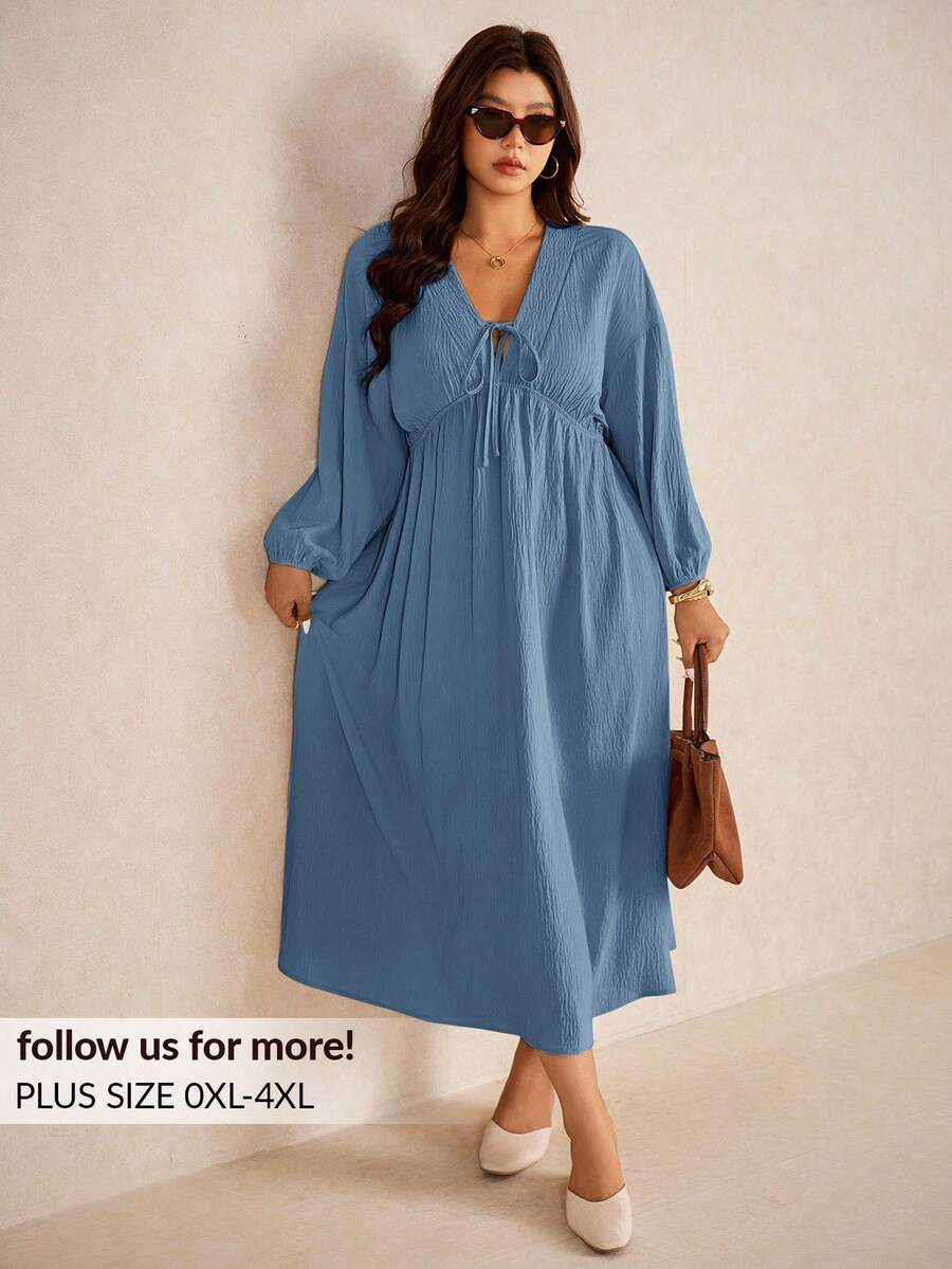 Elaquor Plus Size Autumn Casual Solid Color Dress Fall - Dusty Blue - View 1