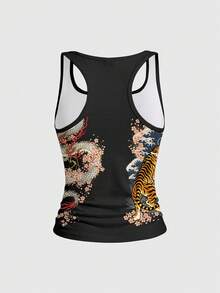 ROMWE Avant 龐克虎頭龍櫻花暗黑辣妹圖案印花龐克女款背心 - 黑色 - 查看 2