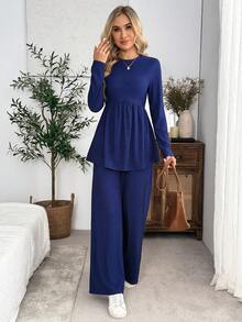 EMERY ROSE Women's Autumn Casual Solid Color Top And Pants 2 Pieces Set - Navy Blue - View 3