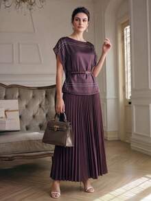 Anewsta New Elegant Purple Women's Top, Scarf-Like Texture, Modern Office Style With Belt Detail - Purple - View 6