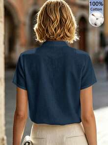 SHEIN Women's Elegant Vacation Casual Bamboo Cotton White Short Sleeve Shirt - Navy Blue - View 2