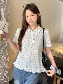 DAZY 女款清新韓風波點印花 Polo 領短袖 T 恤 - 白色 - 查看 5
