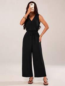 SHEIN PETITE Women's Solid Color Backless Tie Loose Wide Leg Sleeveless Jumpsuit Black Summer Casual Black - Black - View 6