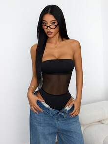 SHEIN PETITE Bodysuit Wanita Warna Polos dengan Sambungan Jala, Seksi Tanpa Lengan, Pas Badan, untuk Wanita Bertubuh Mungil - Hitam - View 6