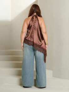 Lele Munniz Atasan Halter Leher Satin Cokelat Ukuran Plus Wanita, Blus Longgar Elegan dengan Hiasan Renda, Gaya Urban Terbaru untuk Kencan Malam Musim Gugur, Atasan Cokelat Musim Semi yang Nyaman - Coklat - View 2