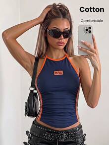 SHEIN ICON Bikercore Buchstaben Stickerei Kontrastbindung Neckholder Sommer Top - marineblau - Übersicht 1