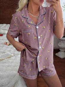 CottageSlumber Women's New Lemon Plaid Print Button-Front Short Sleeve Shorts Pajama Set - Burgundy - View 6