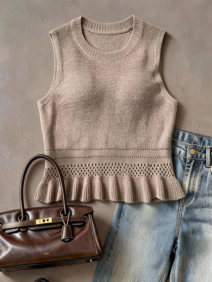 Elaquor Plus Size Women Solid Color Round Neck Ruffle Hem Knit Vest - Apricot - View 1