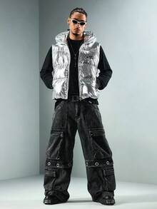 ROMWE MEN Street Life Men's Winter Stand Collar Zip-Up Vest Jacket - Silver - View 8