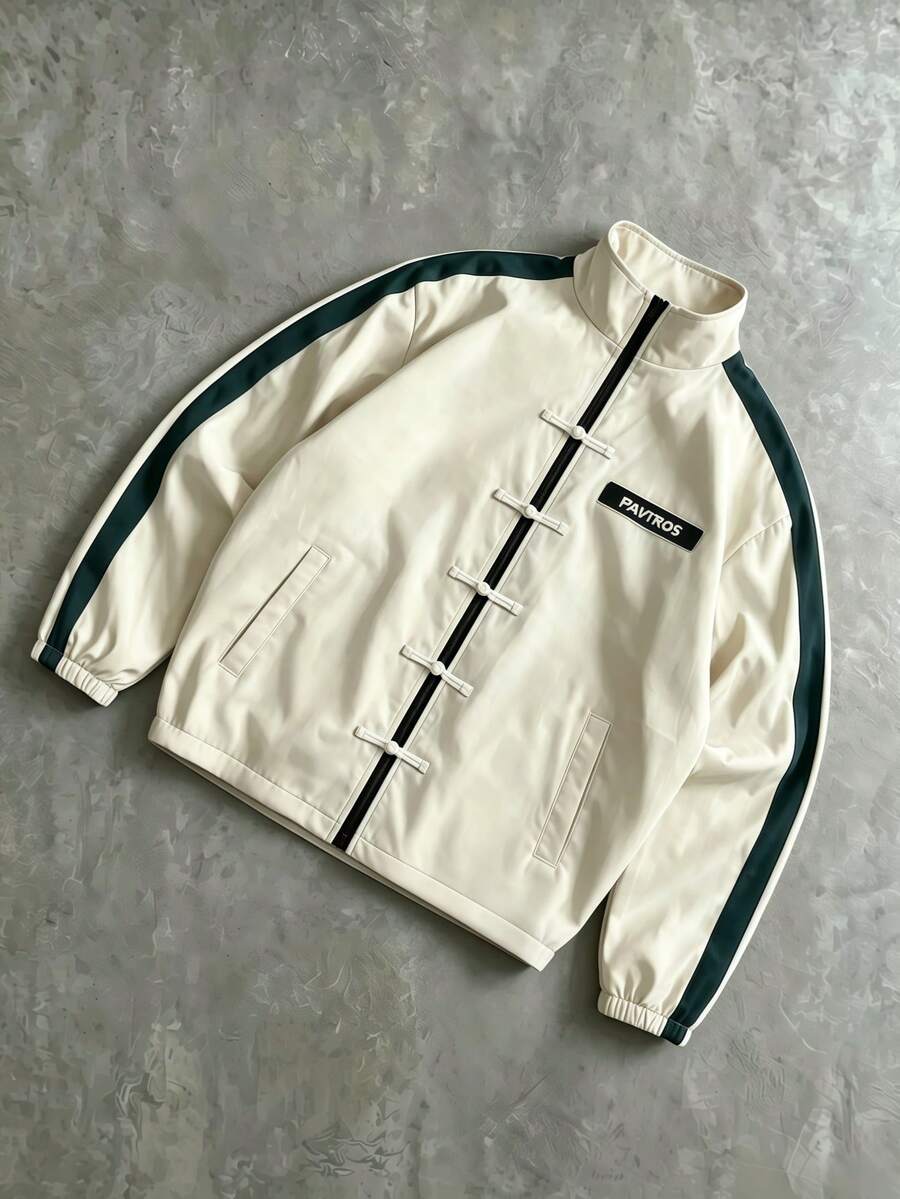 PAVTROS Men's Letter Print Contrast Color Long Sleeve Frog Button Jacket - Beige - View 1