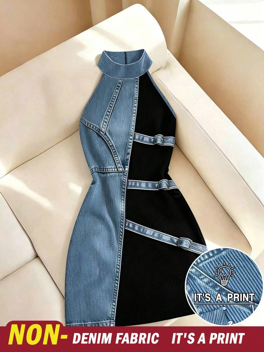 Resyla Vestido regular sin mangas con estampado efecto denim para mujeres - Multicolor - Ver 1