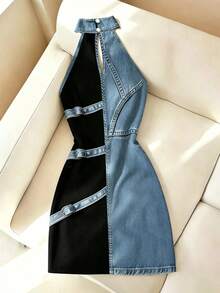 Resyla Vestido regular sin mangas con estampado efecto denim para mujeres - Multicolor - Ver 3