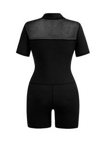 SHEIN Cheerettes Mono corto deportivo de malla con patchwork y ajuste ceñido - Negro - Ver 2
