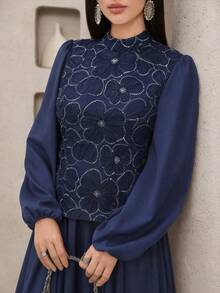 Feyla 女款網紗珠飾刺繡 2 合 1 不對稱下擺百褶長袖洋裝 - 藏蓝色 - 查看 6