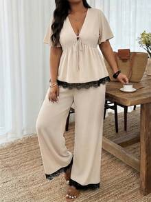 Weeklong Plus Size Women Spring/Summer V-Neck Lace Patchwork Knot Top And Wide Leg Pants Casual Daily Outfit Set - Apricot - View 6