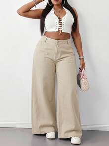 SHEIN Tall CURVE 大尺碼休閒百搭寬腿牛仔褲 - 卡其色 - 查看 7