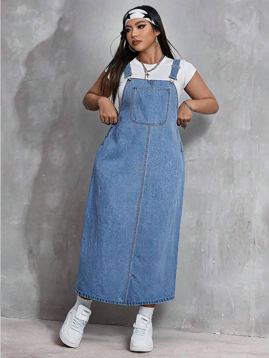 SHEIN EZwear Plus Size Women's Side Button Design Pocket Overall Denim Dress - Light Wash - View 1