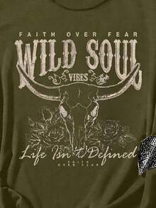 Attitoon Women's Casual Western Bull Head Pattern Fitted Racerback Tank Top, Summer - Army Green - View 3