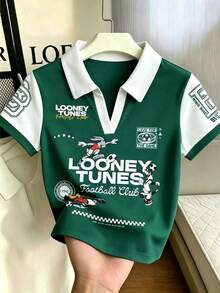 Resyla LOONEY TUNES X SHEIN Women's Summer Polo Collar Football Club Print T-Shirt - Green - View 3