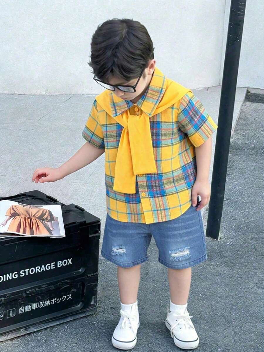 Genkimix Kids 男童夏季黄蓝格子图案休闲宽松短袖衬衫短裤套装，适合日常外出、上学、与朋友聚会、休闲活动和拍照。