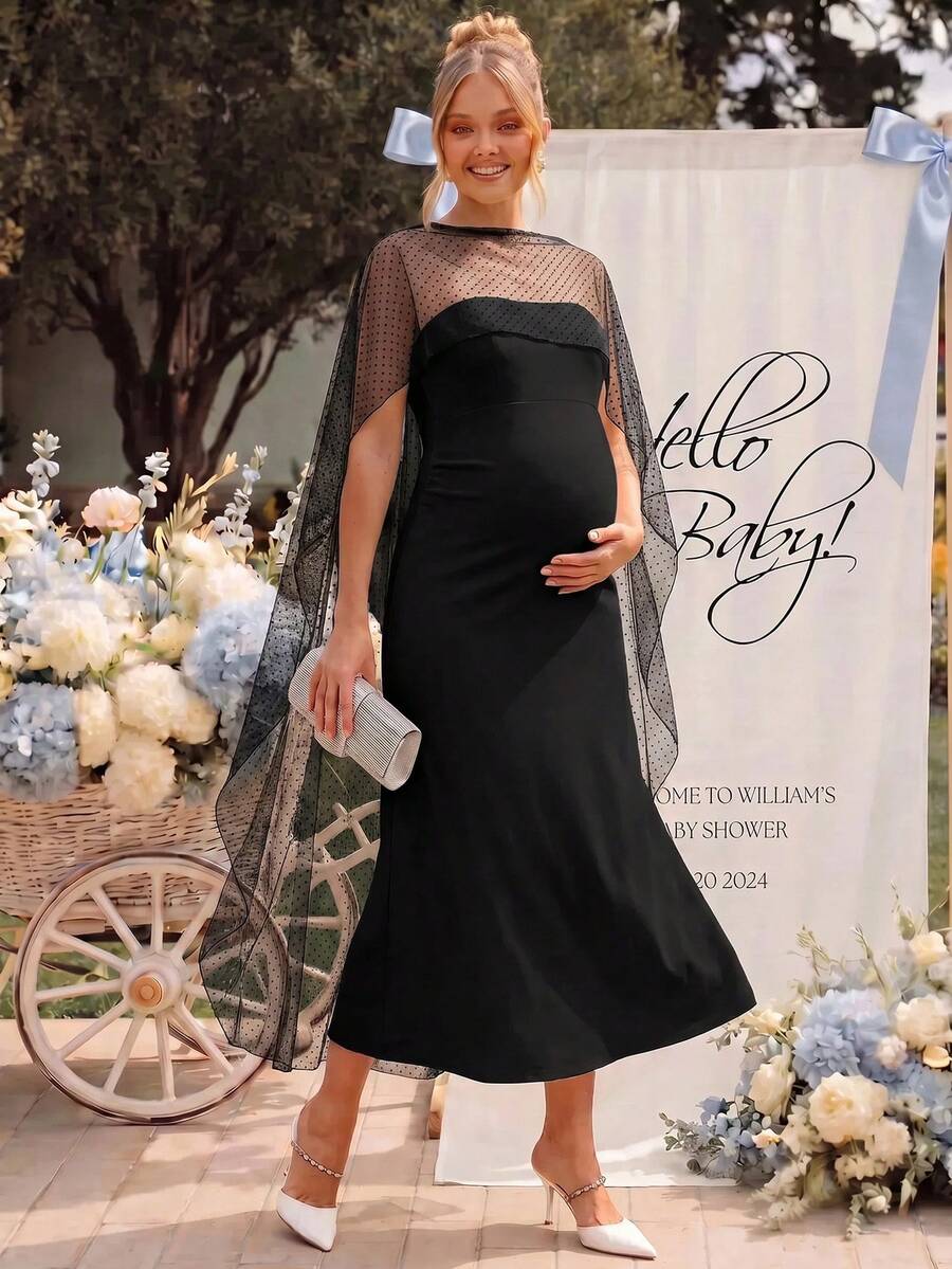Loomaby Maternity Polka Dot Mesh Shawl And Bandeau Dress Elegant 2 Pieces Set - Black - View 1