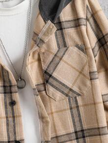 Vacaura 1pc Boys' Plaid Hooded Jacket, Autumn/Winter Casual Daily Commute Outfit - Khaki - View 3
