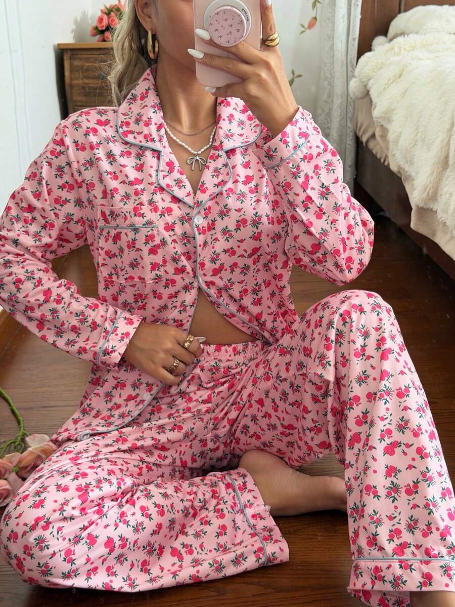 CottageSlumber Romantic Floral Pink Rose Print Long Sleeve Long Pants Collared Pajama Set - Multicolor - View 1
