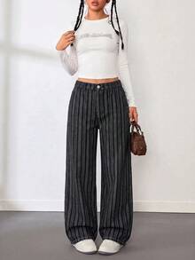 SHEIN 女童條紋黑色牛仔寬鬆長褲 - 黑色 - 查看 3