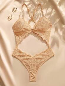 SHEIN Women's Lace Backless Halter Bodysuit For Going Out - Apricot - View 8
