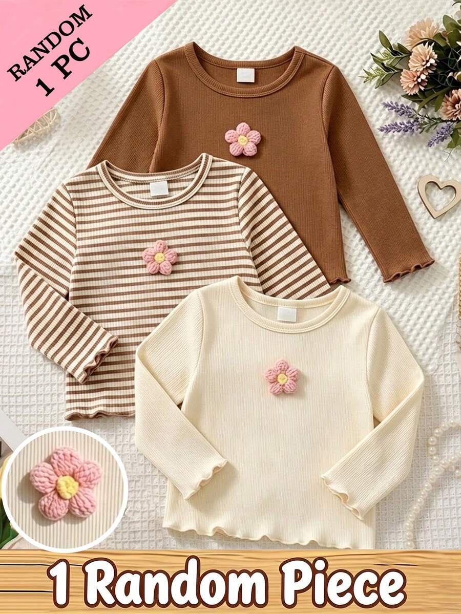 Souflis Souflis 1 Random Item From 3 Young Girls 3D Floral Frill Trim Long Sleeve Ribbed Fitted Top, Autumn - Apricot - View 1