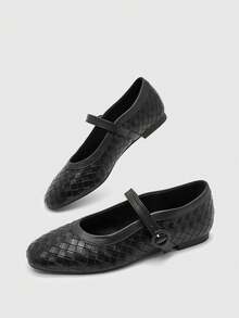 CUCCOO BIZCHIC 法式編織方頭低楦頭瑪麗珍平底鞋，通勤派對春假時尚舒適女鞋 - 黑色 - 查看 3
