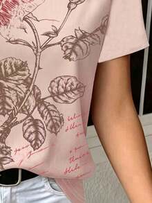 SHEIN LUNE 女款標準版型T恤，復古花卉與葉片印花圖案，粉色T恤，休閒百搭風格，適合日常戶外、度假旅行，舒適面料 - 彩色 - 查看 3