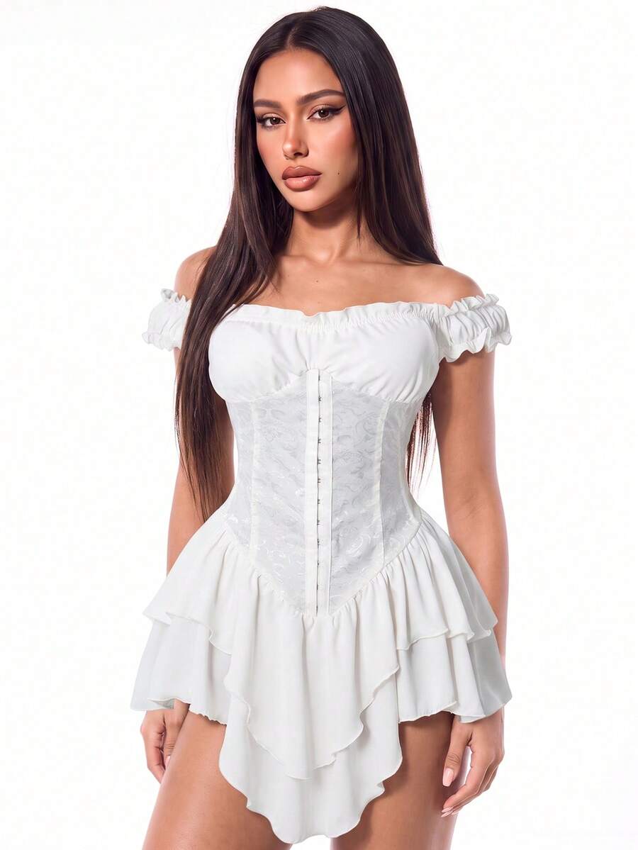 SHEIN ICON Women's White Ruched Jacquard Waist Cinched Patchwork Ruched Lace Shoulder Strap Shoulder Strap Multi-Layer Ruffle Hem A-Line Chiffon Mini Dress Pure Desire Party Style - White - View 1