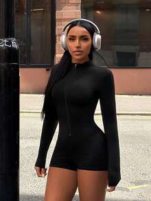 SHEIN SXY جمبسوت أسود بأكمام طويلة وسحاب أمامي ضيق، جيم، رياضة، سحاب علوي، - الأسود - مشاهدة 4