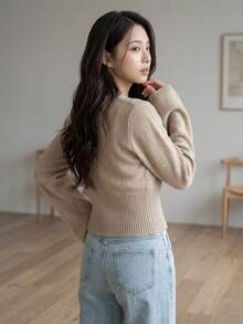 Livesso Women's Solid Color Casual Versatile Daily Wear Cardigan Fall Long Sleeve Tops - Khaki - View 2
