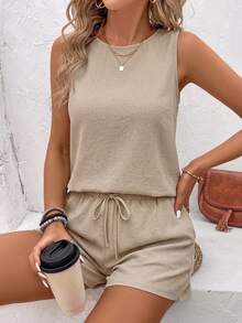 Mellowie Conjunto de 2 piezas de talla grande con textura minimalista adecuado para el verano - Beis - Ver 5
