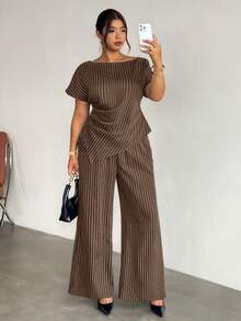 Firerie Plus Size Women's Striped Short Sleeve Top And Long Pants Suit Set - Brown - View 6